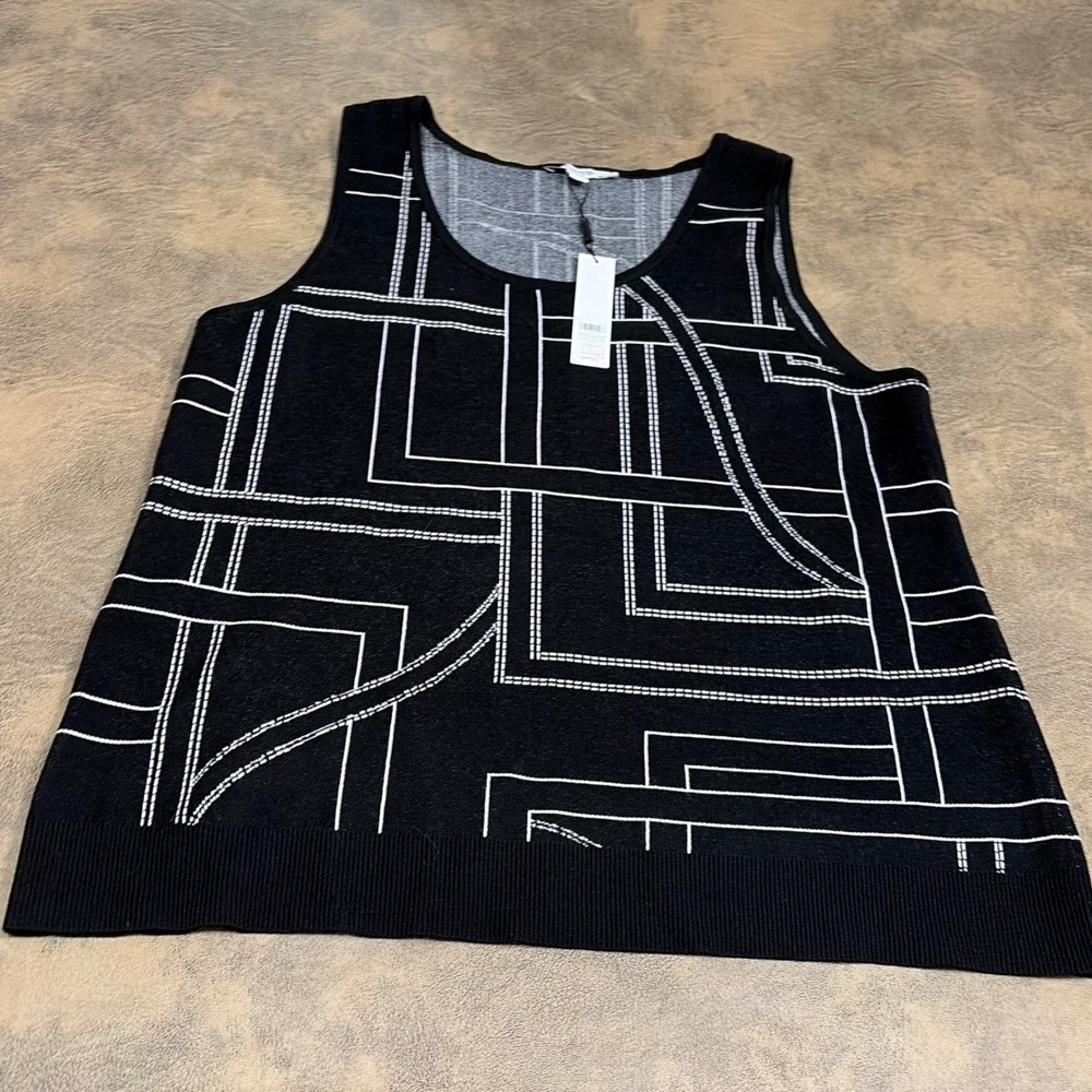 Chico's Pullover Sweater Womens 2 Black Ella Graphic Scoop Tank Geometric Knit